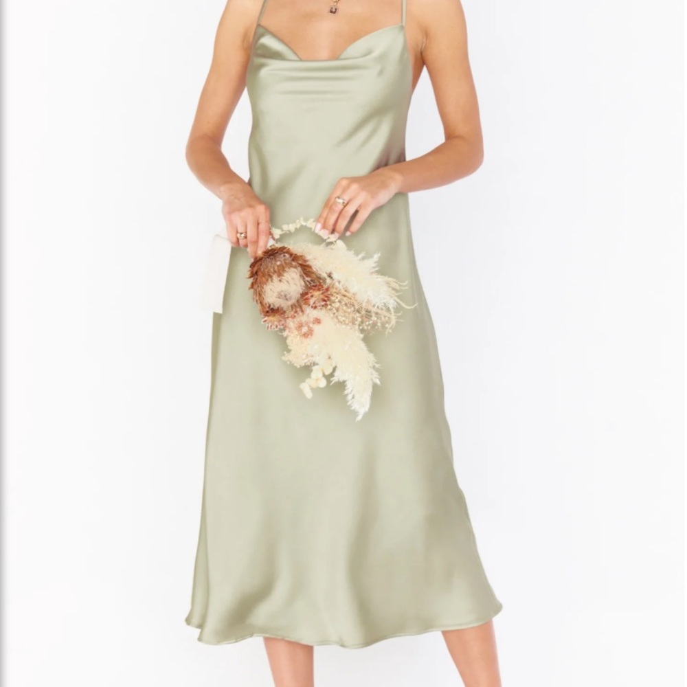 Show Me Your MuMu Verona Cowl Satin Midi Dress in Moss Green